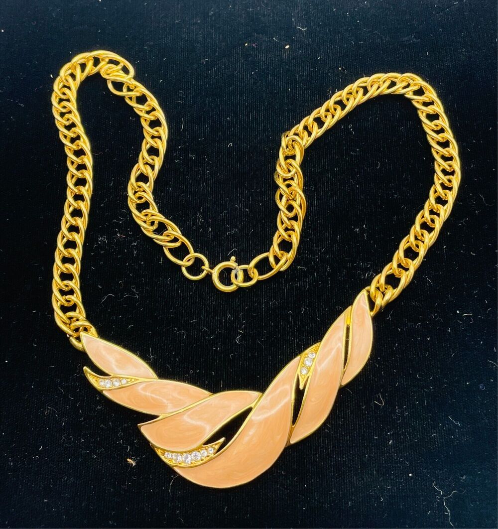 Trifari TM 19" Collar Necklace with Gold Tones Peach Enamel and Rhinestones VTG